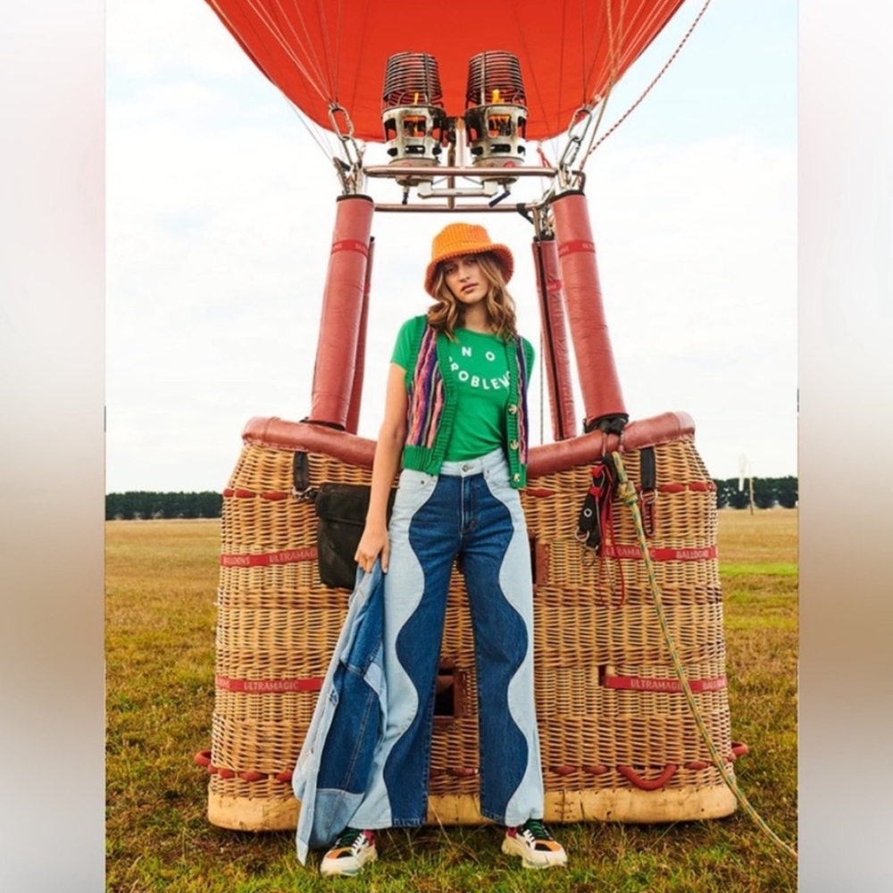 Free People Blue and White Flare Jeans